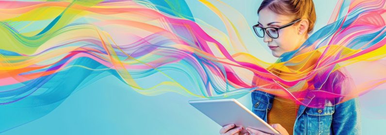 Woman in glasses holding tablet computer with colorful swirls around head in futuristic technology concept